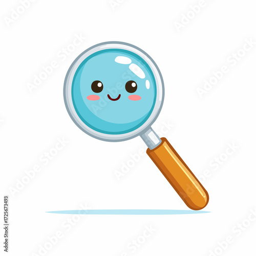 Illustration of a cute magnifying glass with a smiling face and pink cheeks on a white background