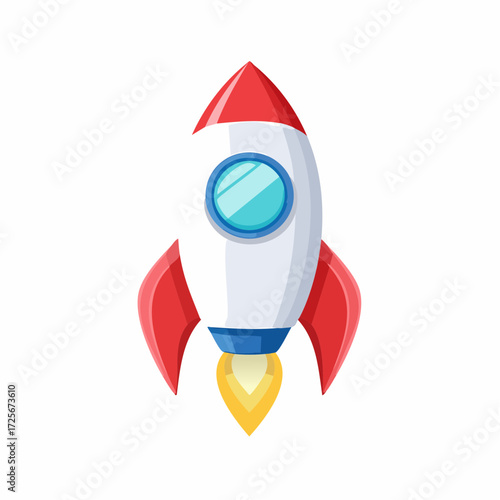 Illustration of a cartoon rocket ship with red and white colors and a yellow flame on a white background