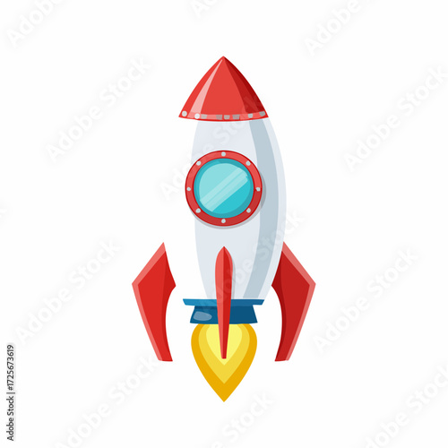 Illustration of a red and white cartoon rocket with a porthole and flames on a white background