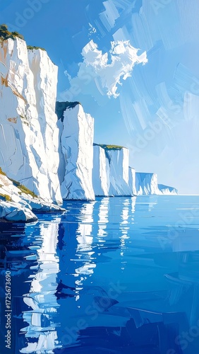 Coastal cliffs reflected in a still sea