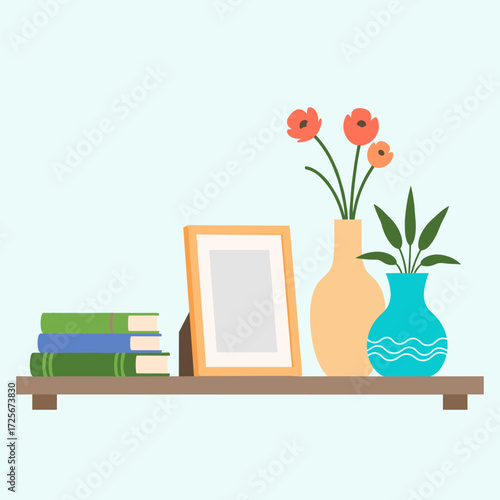A simple shelf with books a photo frame and two vases of flowers.