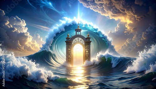 Fototapeta Naklejka Na Ścianę i Meble -  Gate at Sea with Ocean Waves and Dramatic Sky, Fantasy Scene