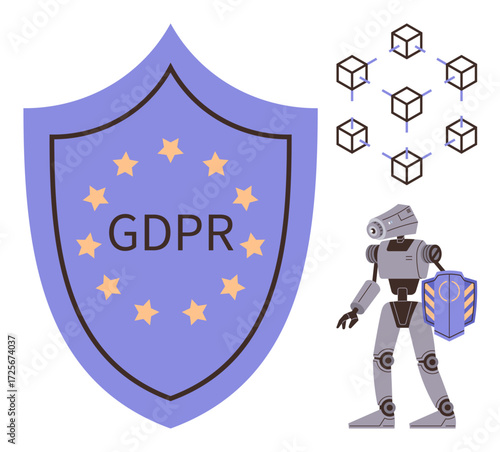 Large GDPR shield surrounded by stars, a robot carrying a cybersecurity shield, and icons representing blockchain networks. Ideal for data protection, compliance, technology, privacy, cybersecurity