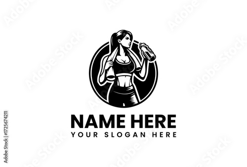 Athletic Woman with Water Bottle Inside Circular Logo Design.