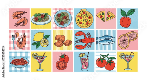 Vibrant collection of delicious food and refreshing drinks captured in a playful, modern mosaic style perfect for culinary inspiration.