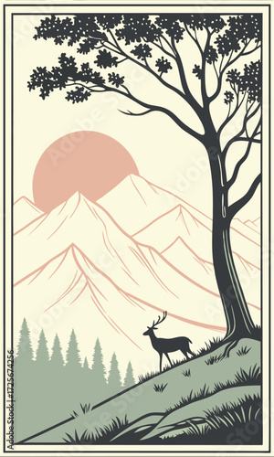 Serene mountain landscape with deer at sunrise, a peaceful escape into nature's beauty, perfect for travel posters or wall art, calming and scenic vista