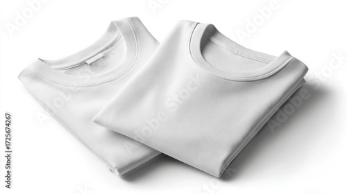 Angled Top View of Two Folded T-Shirts with Stripe on Sleeve on White Background