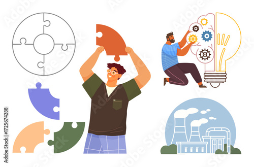 Person assembling puzzle pieces, engineer fixing gears in a lightbulb, industrial plant with emission stacks. Ideal for teamwork, innovation, problem-solving, sustainability, energy, creativity