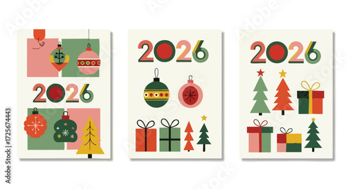 Vibrant mid century modern 2026 New Year and Christmas holiday greeting cards featuring festive ornaments, gifts, and trees in a cheerful retro palette.