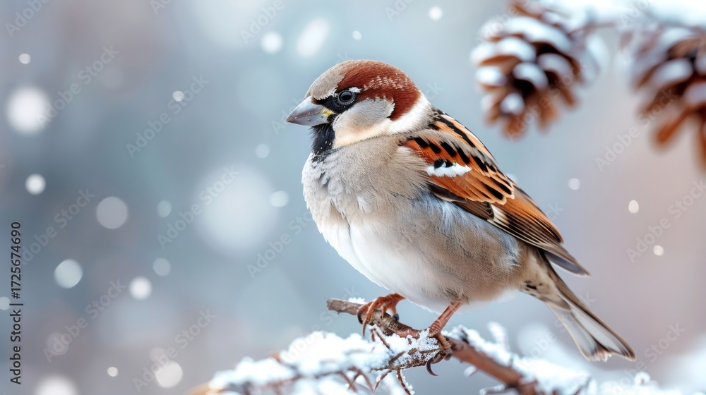 Obraz premium Sparrow perching on snowy branch during winter snowfall