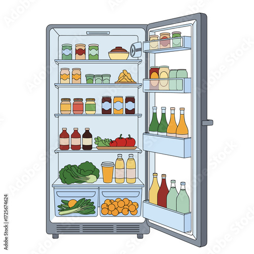 A well-stocked refrigerator filled with fresh produce drinks and jars of food.