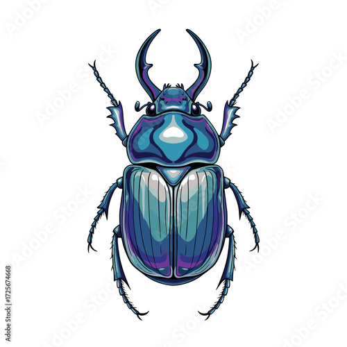 A detailed illustration of a shiny blue stag beetle with prominent antlers and segmented body.