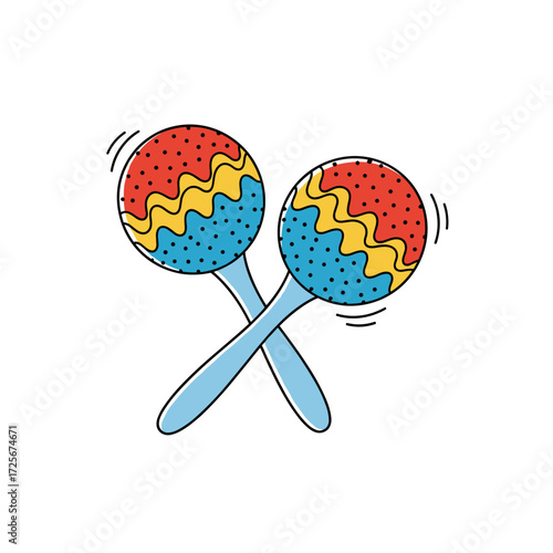 A pair of colorful maracas crossed on a white background ready for music.