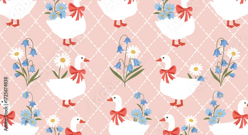 Charming seamless pattern featuring adorable white geese adorned with red bows, surrounded by delicate bluebells and daisies on a soft pink diamond background, perfect for whimsical designs.