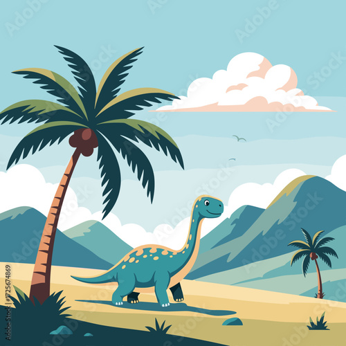A friendly herbivore dinosaur explores a sunny prehistoric landscape with palm trees and mountains.