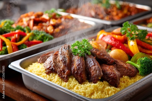 Steaming hot trays of beef and couscous with vegetables catering buffet