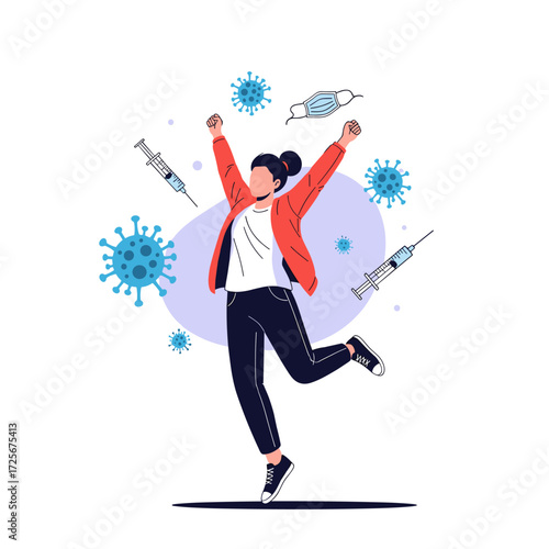 A person celebrating vaccination triumph over coronavirus microscopic virus cells and syringes.