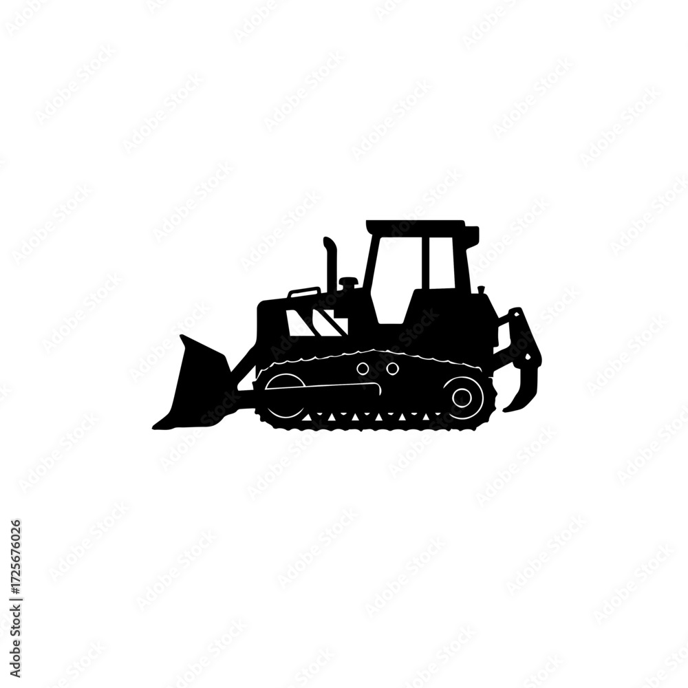 Naklejka premium Black and white silhouette of a bulldozer heavy machinery construction equipment powerful machine earthmoving vehicle.