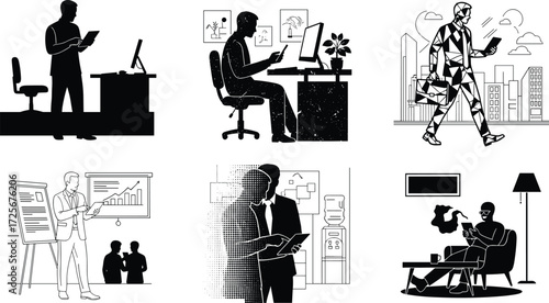 Black and white illustration, office activity, business scene, teamwork, presentation, discussion, reading, walking, tablet, flip chart, water cooler, cityscape