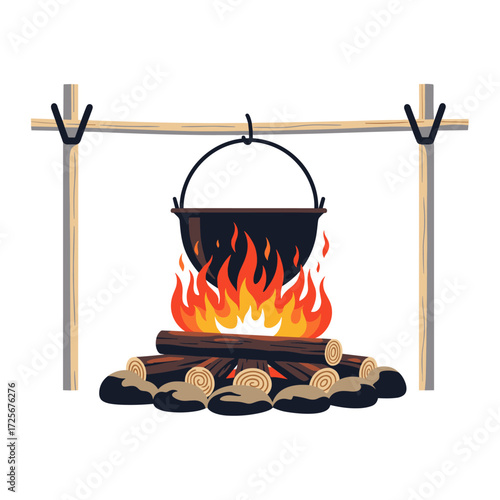 A rustic campfire meal preparation with a cast iron pot suspended over burning logs. This scene evokes outdoor cooking and wilderness adventures.
