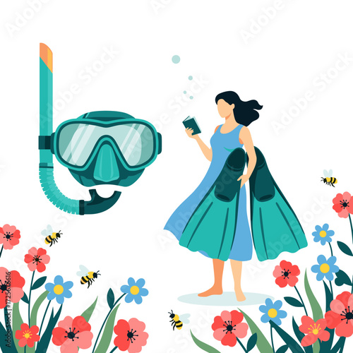 A woman with snorkel gear stands among blooming flowers and buzzing bees.