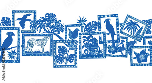 Vibrant tropical jungle scene unfolds with exotic birds, cheetah, and lush foliage in charming blue linocut style frames