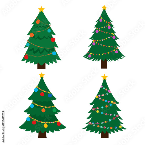 Four decorated christmas trees with various ornaments and lights.