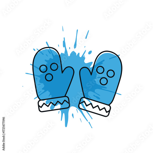 A pair of blue winter mittens with a splattered blue background suggesting snow or ice.