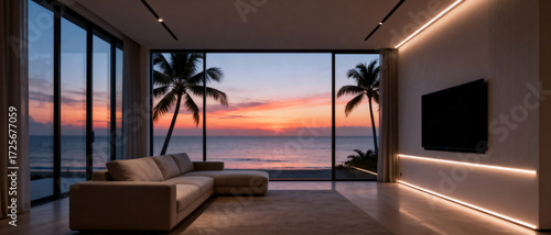 Modern living room with large windows overlooking a beautiful sunset