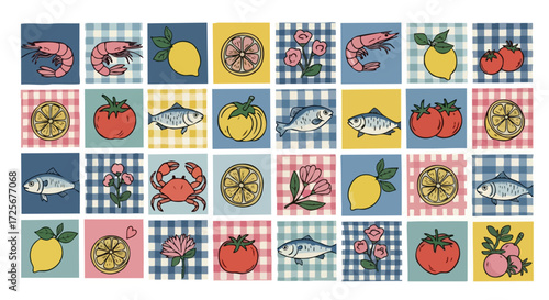 Vibrant collage of fresh seafood, bright citrus, ripe tomatoes, and delicate flowers on charming checkered backgrounds