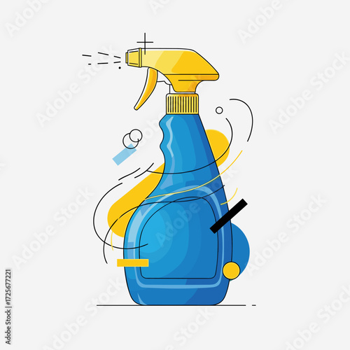 A blue spray bottle with a yellow nozzle and cap for cleaning purposes with artistic lines and shapes around it.