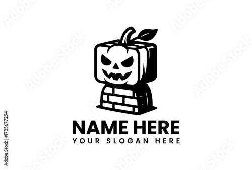 Cute Cubic Halloween Pumpkin Mascot with Brick Base.