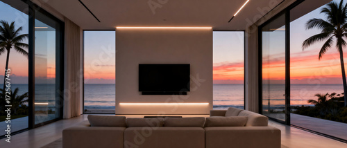 Modern living room with ocean view at sunset featuring large windows and a sofa