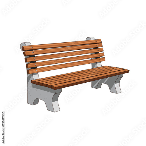 Durable wooden slatted park bench with sturdy concrete legs for outdoor seating.