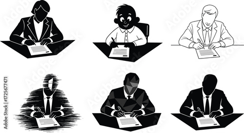 Business, writing, document, signature, office, desk, formal, professional, illustration, sketch, silhouette, cartoon, geometric, distorted, monochrome, paperwork, agreement,  