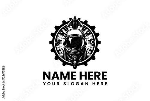Detailed Astronaut Helmet Inside a Gear with Rocket and City Skyline.