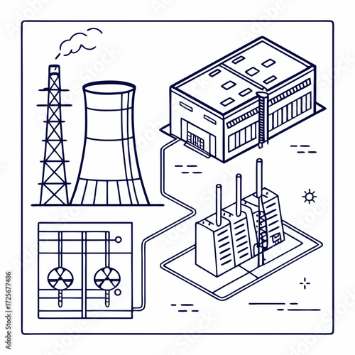 Industrial power plant schematic with cooling tower factory buildings and electrical substation in a clean line art isometric style