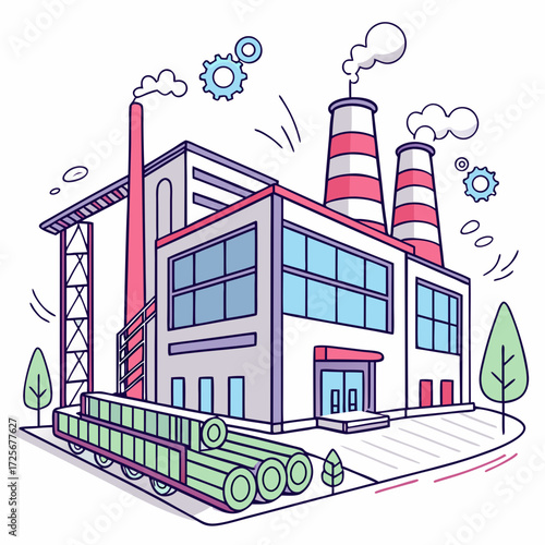 Modern industrial factory building with smoking chimneys and a train carrying logs on a white background