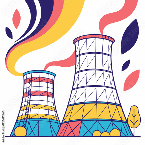 Stylized illustration of two industrial cooling towers emitting colorful plumes of smoke against a white background