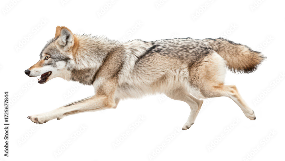 Obraz premium A dynamic and powerful wolf sprinting across a white background. its agility and strength. ideal for wildlife photography or animal behavior studies