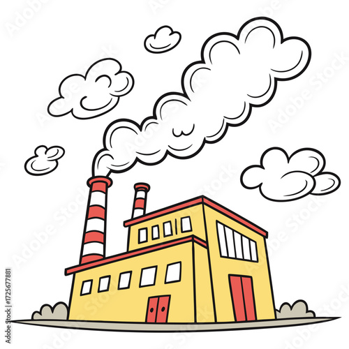 Cartoon factory with red and white striped smokestack emitting thick white smoke into a cloudy sky