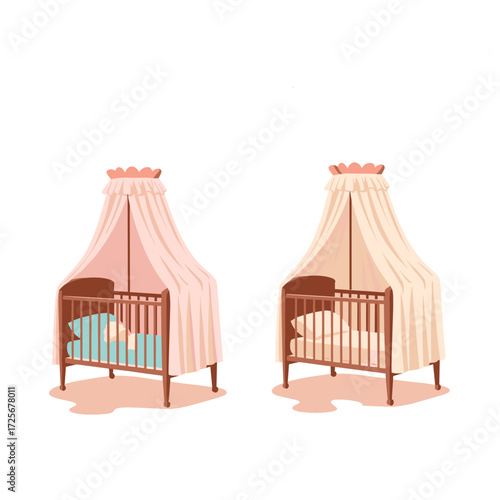 Two elegant wooden cribs with draped canopies are ready for precious little ones.