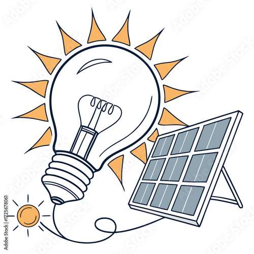 Conceptual illustration of a light bulb powered by a solar panel and the sun representing clean energy innovation