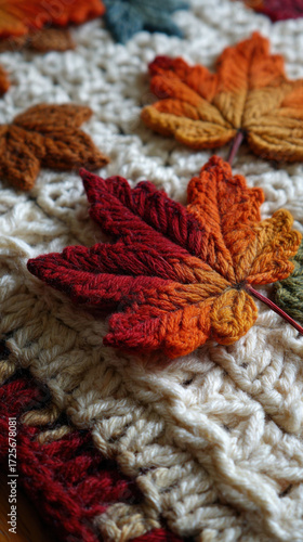 Colorful knitted leaves on a cozy crochet blanket showcasing the beauty of autumn in a warm and inviting setting