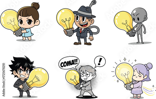 Creative idea, cartoon character, light bulb concept, innovation symbol, diverse people, brainstorming, imagination, energy metaphor, thinking pose, inspiration spark