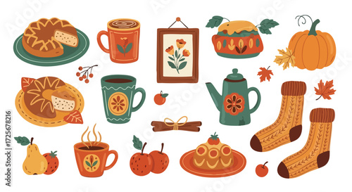 Cozy autumn harvest elements including pumpkin, pies, warm mugs, apples, pears, cinnamon, and knitted socks evoking comfort and seasonal joy