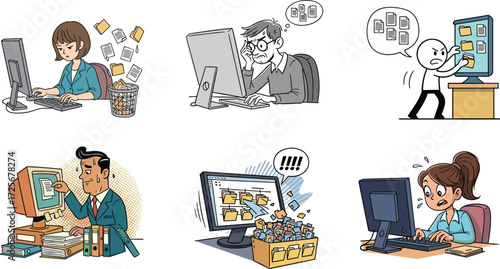 digital clutter, document overload, file management stress, outdated system, organizing files, computer frustration, office chaos, data panic, tech pressure, workflow mess