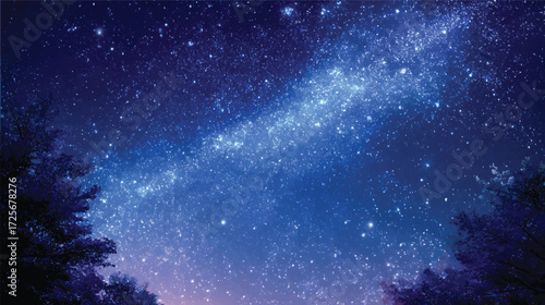 Starry night sky with milky way and tree silhouettes