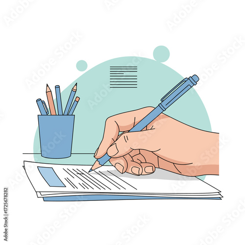 A hand writing on a document with a pen next to a cup of pencils.