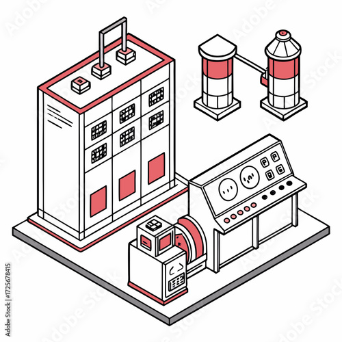 Isometric illustration of a futuristic industrial control room with machinery and power distribution equipment in a clean line art style